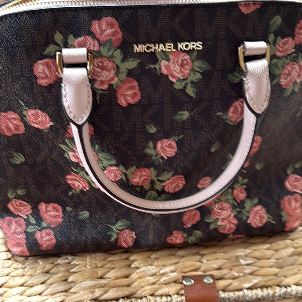 Michael Kors Black and Pink Satchel with Floral Design